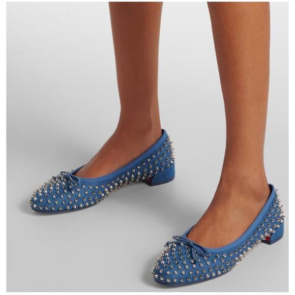 Christian Louboutin Sweetie Jane Spikes Denim Flat 37 Blue - Picture 10 of 10